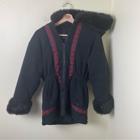 Rothschild Faux Fur Cuff & Hood Fair Isle Black Coat SZ Medium - Picture 2 of 16